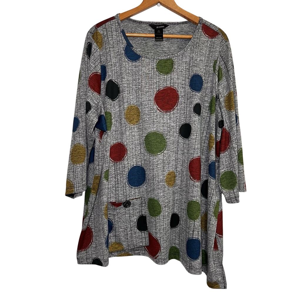 Ali Miles Tunic Top Plus Size 2X Multicolor Polka Dot Pocket Artsy Lagenlook